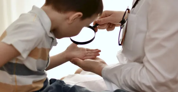 dokter bekijkt hand van kind met vergrootglas