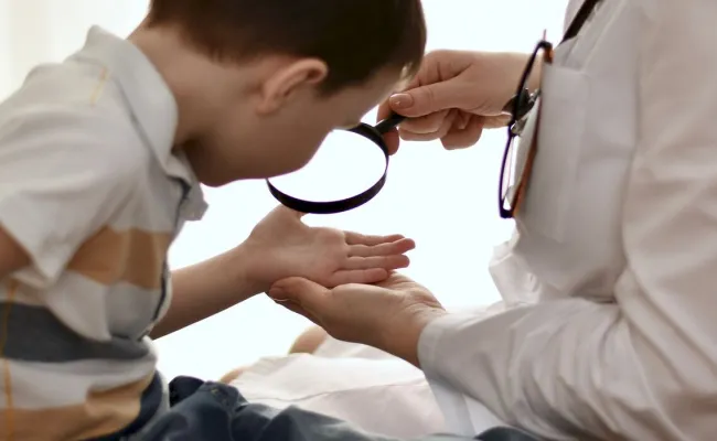 dokter bekijkt hand van kind met vergrootglas